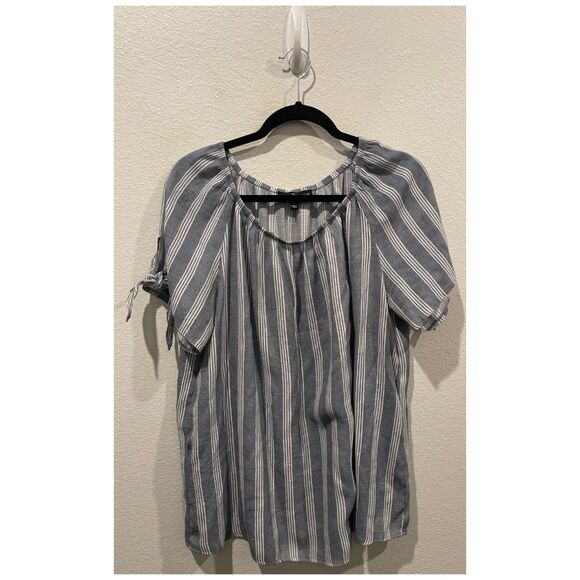 FRED DAVID Blue White Striped Round Neck Short Sleeve Blouse - Picture 1 of 4